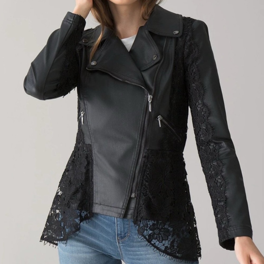 WHBM NWT Lace Trimmed Coated Denim Moto Jacket LIMITED EDITION SIZE 00